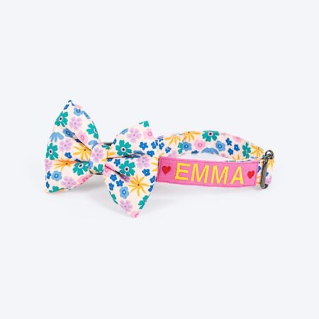 HUFT Personalised Bloomscape Collar With Bow Tie For Dog - Peach