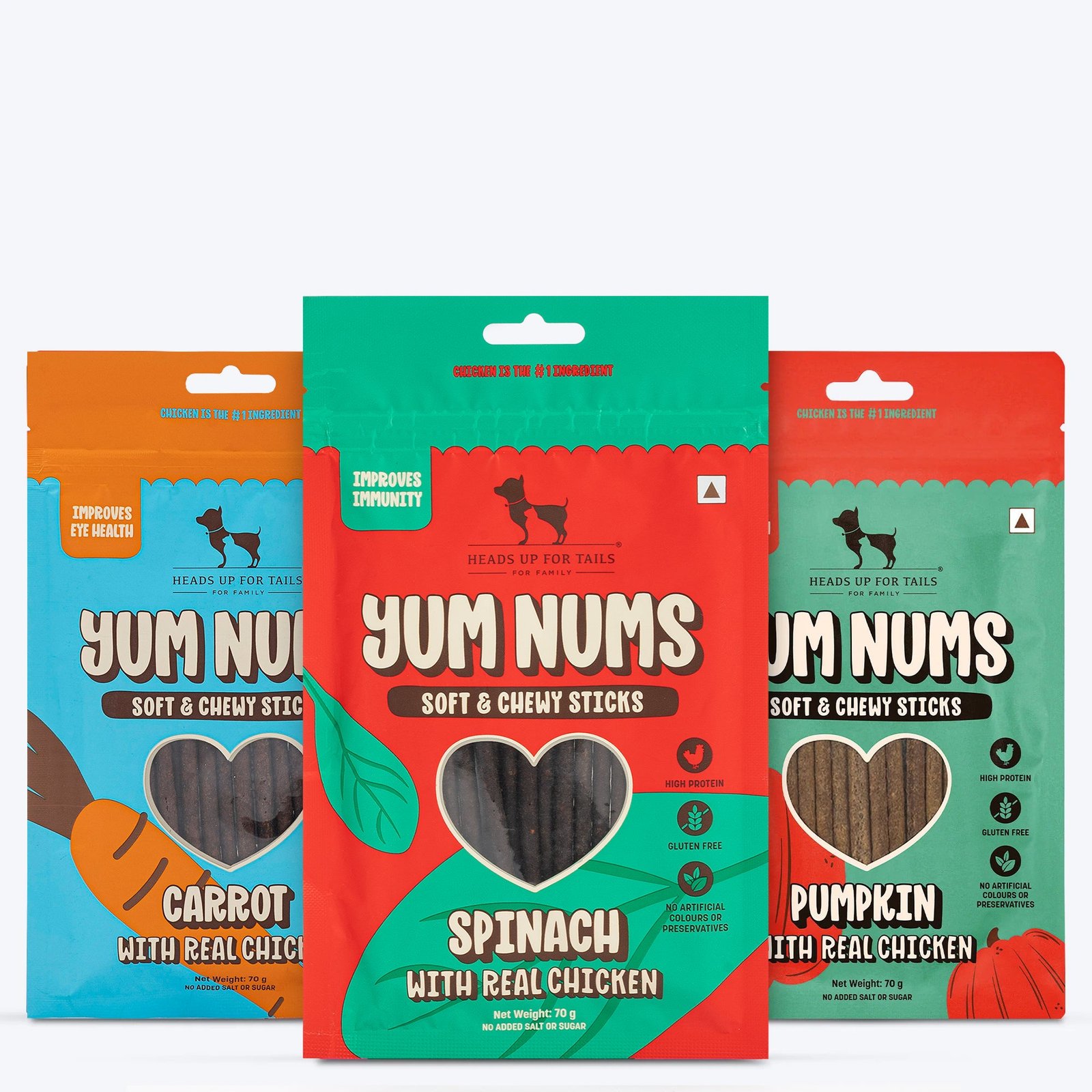 HUFT Yum Nums : Real Chicken & Veggies Soft Sticks Treat Combo For Dogs - 225 gm (Each 70 gm)