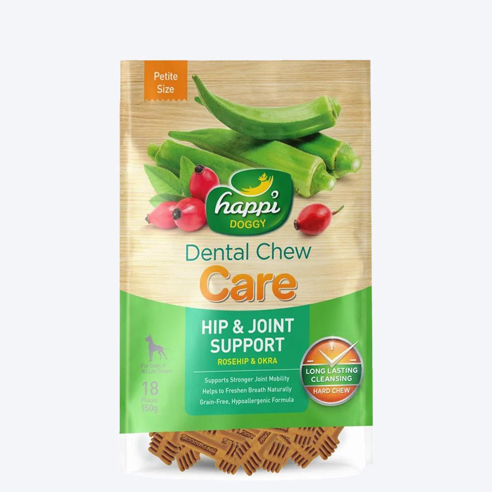 Happi Doggy Vegetarian Dental Chew - Care (Hip & Joint Support) Rosehip & Okra - Petite - 2.5 inch - 150 g - 18 Pieces