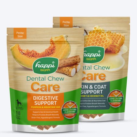 Happi Skippi Petite Dental Chews: Skin, Coat & Digestive Care Treat Combo For Dog- 2.5 inch - (2 x 150g)
