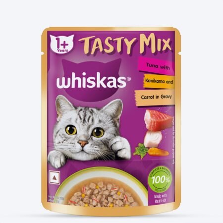 Whiskas Tasty Mix Wet Food Made With Real Fish (Tuna & Kanikama), And Carrot in Gravy For Adult (1+ year) Cat - 70 gm Pack