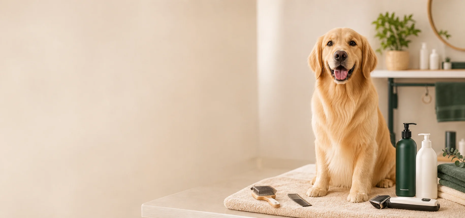 Clean happy dog after grooming with premium grooming tools