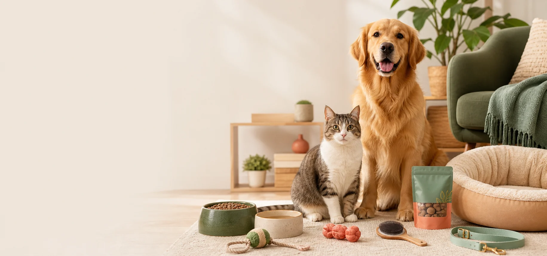 Golden retriever and cat with premium pet products in a warm home